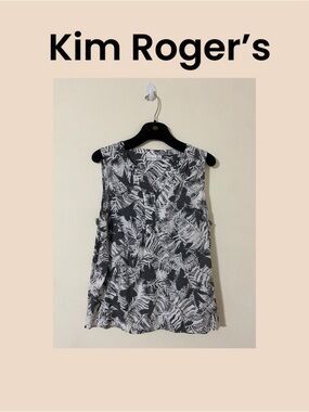 Kim Rogers Black & White Leaf-Print Sleeveless Top Size XL
